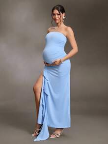 Cheriluna Maternity Maternity Solid Color Ruffle Trim Casual Party & Travel Strapless Dress - Blue - View 4