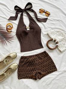 SHEIN Tween Girl Solid Color Metal Decor Halter Top And Shorts Casual Tropical Daily Outfit Vacation Chocolate Brown Shades Of Brown Summer For Tween Girl - Coffee Brown - View 6