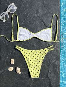 Swim Vcay 女款夏季新款性感海灘綁帶式平口上衣與低腰三角比基尼褲波點印花泳衣套裝 2件組 - 黃色 - 查看 2