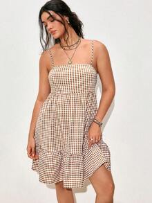 Nubod Nuovo abito estivo a trapezio con spalline sottili a quadri, elegante e alla moda per donna - Castano - Visualizzare 5