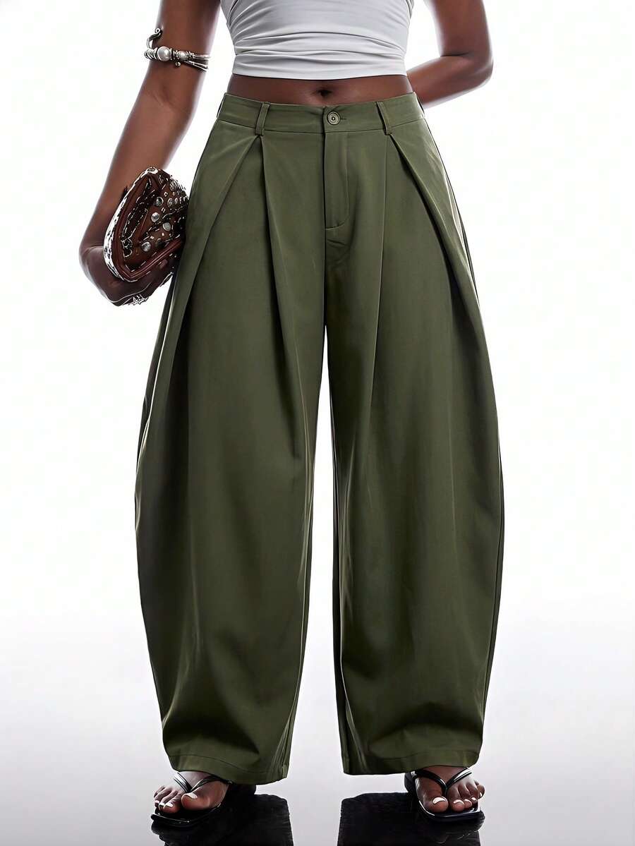 SHEIN EZwear 复古休闲街头风格宽松橄榄绿色弧形下摆加大码裤子,秋冬 - 墨綠色 - 查看 1