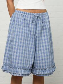 COUREZ Tie Side Cami Top With Frill Longline Check Short Co-Ord Set / Y2K Fall Clothes For Women Fall Outfits 2 Pieces Sets Rave Outfits Club Outfits - Blue - View 5
