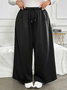 SHEIN CURVE+ 秋冬款黑白條紋休閒百搭抽繩大尺碼長褲，2026 22W - 黑色 - 查看 8
