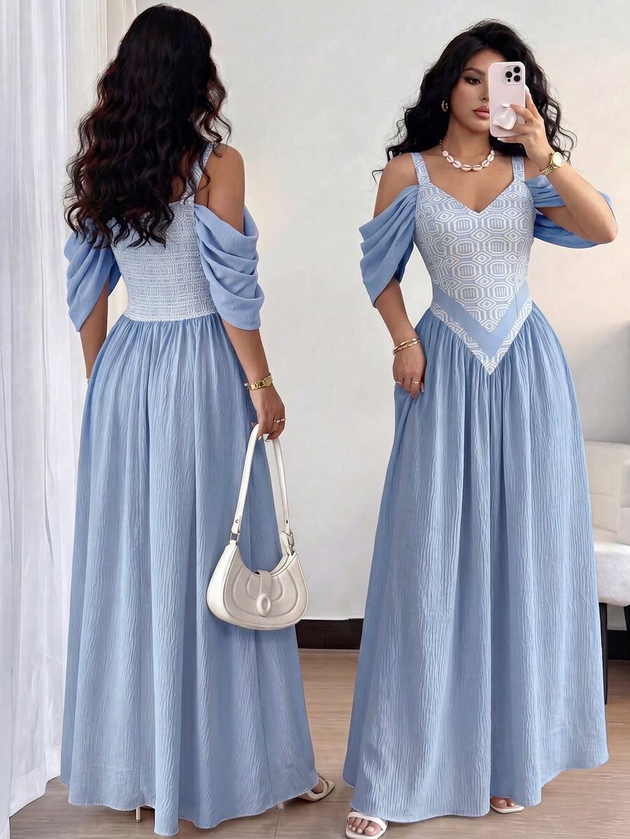 Elenzga Elegant Romantic Exquisite Women's Spaghetti Strap Sexy Off-Shoulder Print A-Line Vacation Dress - Dusty Blue - View 1