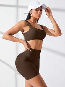 Gameset SHEIN Sport 女士纯色运动套装 / 罗纹条纹 / 骑行健身 / 深 U 型背 / 高腰塑身衣 / 提臀健身女士套装女士健身套装 - 咖啡棕 - 查看 4