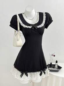 Elamini Minimalist Lace Cute Sexy Sweet Peter Pan Collar Lace Trim Patchwork Bow Short Sleeve A-Line Mini Dress Date Party Black And White Summer - Black - View 4