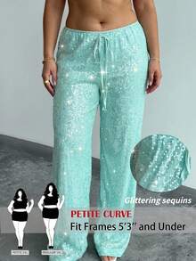SHEIN PETITE CURVE 女款大尺碼時尚亮片直筒長褲 - 薄荷藍 - 查看 2