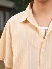 Whitmere Men's Lightweight Casual Short Loose Striped Short Sleeve Shirt, Spring To Summer - Apricot - View 7
