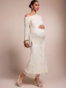 MaterniChic Elegant Maternity Decent Fitted Long-Sleeved Floral White Dress Embroidery Asymmetric Neckline Autumn Fall Wedding Photoshoot Baby Shower - Apricot - View 8