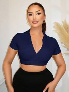SHEIN SXY 夏季性感純色短版修身短袖T恤 - 藏蓝色 - 查看 4