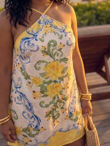 CAJUNI Plus Size Women Floral Print Casual Sleeveless Dress - Yellow - View 4