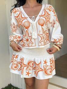Sunnyshic Spring, Summer, Fall, New Heavy Design Tassel Bow, Elegant, Vacation, Design-Oriented Print Fabric Puff Long Sleeve Shirred Tie-Front Blouse Shirt Women, Paired With Ruched Waist Slimming Cake Skirt Two Pieces Set - Burnt Orange - View 3