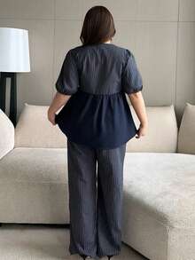 Dazy Plus Fashionable Striped V-Neck Loose Lantern Sleeve Pullover Top And Loose Long Casual Pants Plus Size Women Spring Autumn 2-Piece Set - Navy Blue - View 5