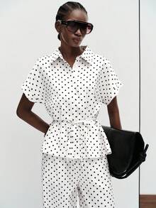 Aveloria Modichic Women's Two Piece Set Fitted Waist Wide Leg Lapel Short Sleeve Belted High Waist Elegant Vintage White And Black Polka Dot Teachers' Day Office Summer - Multicolor - View 7