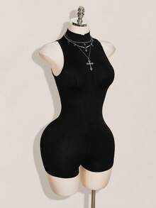 SHEIN ICON 女款性感時尚拉鍊修身連身褲 - 黑色 - 查看 7