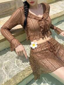DAZY Women's Vacation Beach Sheer Lace Swimwear Cover-Up Set Summer - Khaki - View 4