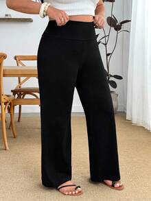 SHEIN PETITE CURVE 大尺碼女款素色休閒百搭日常穿著長褲 秋季 - 黑色 - 查看 7