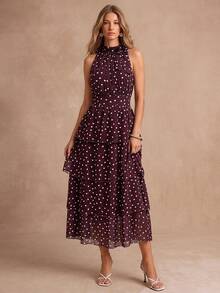 Enchnt Premium Summer Romantic Women's Elegant Brown Polka Dot Print Cake Hem Halter Neck Dress,Graduation Dress,Festival Outfits,Back To School,Fall - Brown - View 5