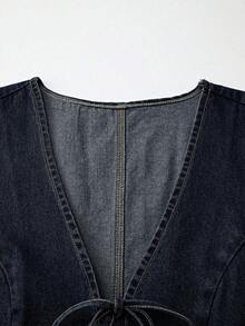 EMERY ROSE Plus Size Women's Spring/Summer Washed Front Tie Waist Denim Vest Top - Black - View 7