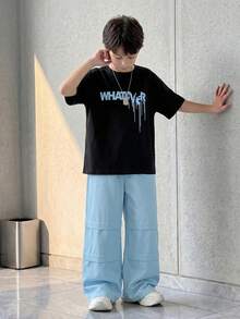 SHEIN Casuvi Kids 两件套青少年男童字母印花圆领短袖T恤和短裤休闲套装 - 藍色 - 查看 4