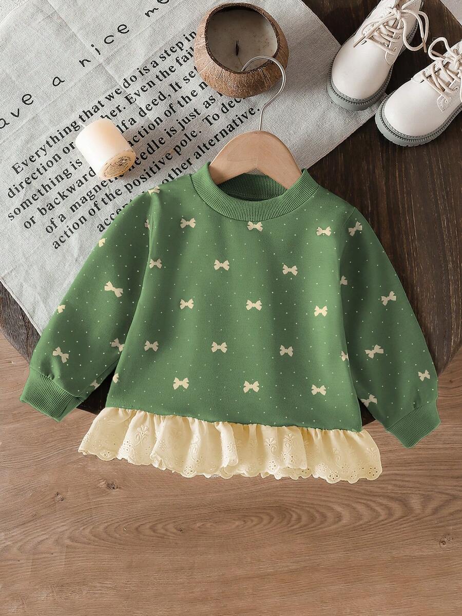 SHEIN Vintaside Kids Baby Girls' Fashion Embroidered Ruffle Hem Printed Sweatshirt - Green - View 1