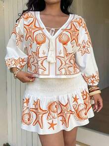 Sunnyshic Spring, Summer, Fall, New Heavy Design Tassel Bow, Elegant, Vacation, Design-Oriented Print Fabric Puff Long Sleeve Shirred Tie-Front Blouse Shirt Women, Paired With Ruched Waist Slimming Cake Skirt Two Pieces Set - Burnt Orange - View 1