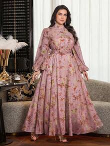 Modelyn Plus Size Women Elegant Floral Print Cinched Waist Dress - Pink - View 1