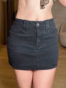hhfernanda 休閒水洗修身迷你牛仔裙 黑色 夏季 - 黑色 - 查看 3