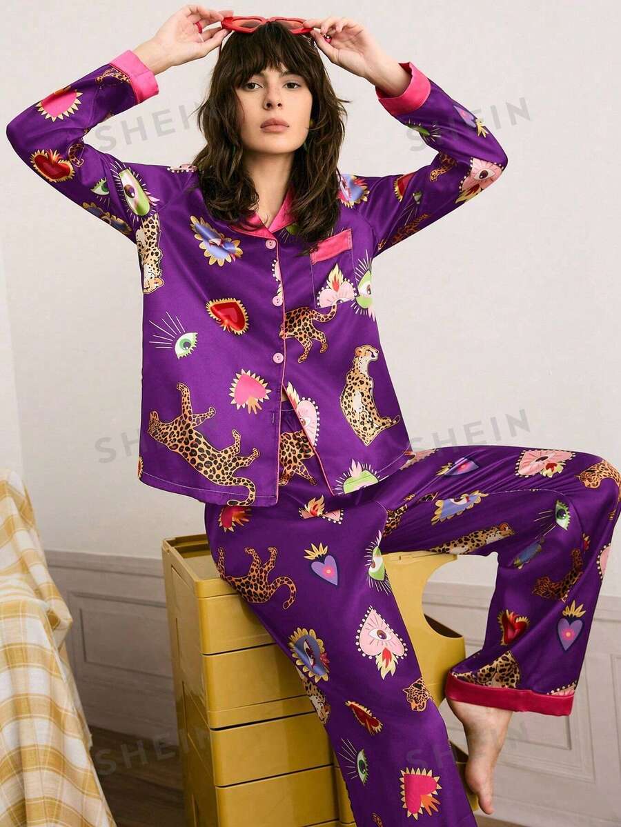 Chillnights 情人節年輕時尚活力愛心豹紋眼花印花翻領前開襟緞面女款睡衣套裝 - 紫色 - 查看 1