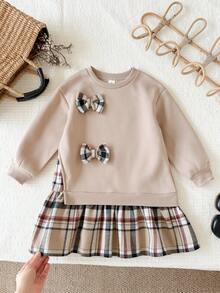 LMoss Kids 女童秋冬可愛拼色長袖格紋洋裝 - 卡其色 - 查看 5
