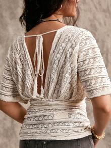 Nubod Plus Size Sexy French Lace Ruched Waist T-Shirt - White - View 3