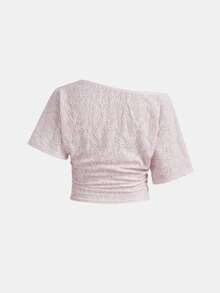SHEIN 兒童青少年女孩 T-Shirt 春夏新款休閒度假多巴胺粉色紋理針織蝙蝠袖短袖上衣，適合日常通勤、約會、派對、秋冬春夏、海灘、畢業典禮、時尚 Y2K 出遊 - 粉色 - 查看 2