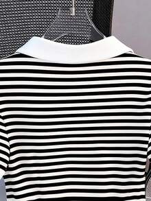 Resyla Women's Fashion Casual Striped Print Collared V-Neck Short Sleeve T-Shirt - Black and White - View 6