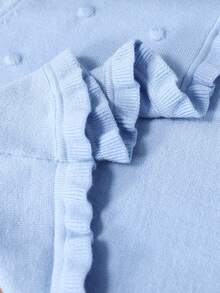 SHEIN Vintaside Kids Tween Girl Solid Color Frill Trim Single Button Knit Cardigan - Blue - View 3