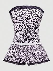 Zyxie Plus Size Leopard Print Lace Trim Bandeau Top & Shorts 2 Pieces Set - Pink - View 8