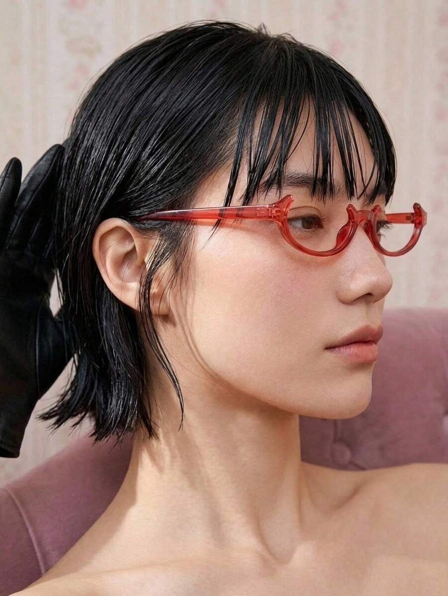 Joivida 1Pc Japanese Style Half-Rimless Oval Eyeglasses, No-Lens Decorative Glasses For Cosplay, Multiple Colors Available (Red, Green, Tea), Anime & Y2K - Multicolor - View 1