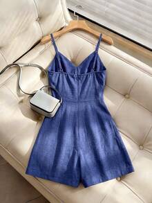 SHEIN PariChic 女款純色腰部綁帶休閒細肩帶連身褲 - 藍色 - 查看 2