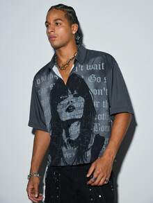 Modcrash Men's Grey Gothic Portrait & Slogan Print Button-Down Shirt, Street Dark Style Shirt - Dark Grey - View 4