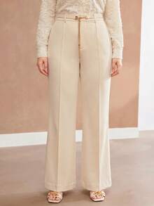 MOTF PREMIUM Pantalones largos de talla grande para mujer, elegantes y sofisticados, color albaricoque, con cinturón de borlas y hebilla metálica desmontable - Albaricoque - Ver 5