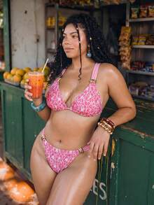 SHEIN Swim 2020新款夏季海灘度假四季通用大尺碼女款泳衣套裝，3D花卉布料，百搭易搭配 - 粉色 - 查看 8