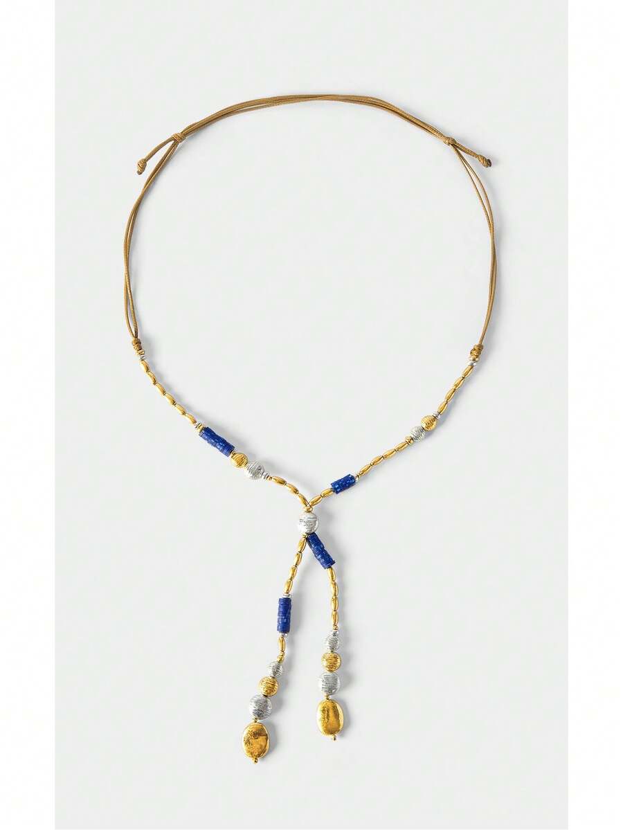 Noxbound Collar de cuerda ajustable con cuentas de color azul Rhine y combinación de colores dorado y plateado, estilo bohemio romántico de vacaciones - Dorado - Ver 1