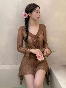 DAZY Women's Vacation Beach Sheer Lace Swimwear Cover-Up Set Summer - Khaki - View 2