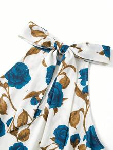 Levarali Women's Summer Elegant Floral Print Patchwork Halter Neck Dress Summer/Fall Beach Country Dress Travel - Blue and White - View 3