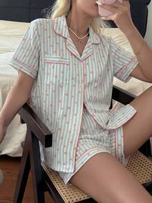Napfluff 條紋愛心印花翻領女款睡衣套裝 2件組 - 彩色 - 查看 1