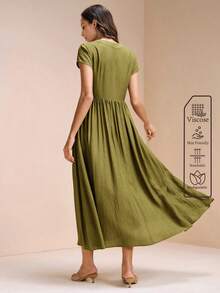 Arave Women's Woven Rayon Fabric Small Round Neck Regular Shoulder Short Sleeve Waist-Defining Striped Full Button Decor Design Casual Long Dress - Olive Green - View 2
