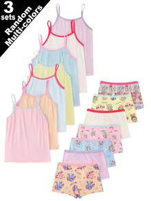 (Random 3 Sets) Girls Cartoon Little Girl Print Soft Basic Camisole Panty Set Winter Baby Pink Baby Blue - Multicolor - View 2