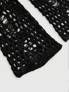 ROMWE Goth Black Fishnet Hollow-Out Flared Sleeve Knit Cover-Up, Distressed Design Off-The-Shoulder Short Top, Sexy Outerwear - Black - View 3