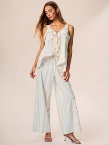 Willow Rêve Women's Striped Beige Romantic Bohemian Low Waist Wide Leg Pants, Boho Style, Romantic Vacation Style - Beige - View 5
