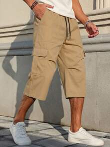 Manfinity Homme Men's Solid Color Drawstring Waist Casual Cargo 7/10 Pants - Khaki - View 3