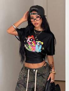 Coolane THE POWERPUFF GIRLS X SHEIN 女款黑色圖案圓領修身T恤，可愛休閒街頭風，籃球與西部節慶風格，適合居家、返校，復古 Y2K Soft Girl/Clean 風格 - 彩色 - 查看 7